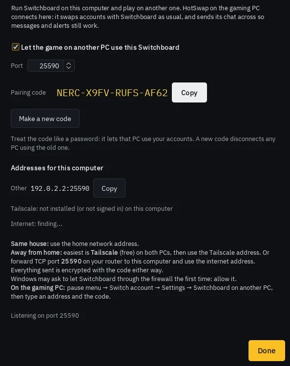 The Play on another PC window with a pairing code