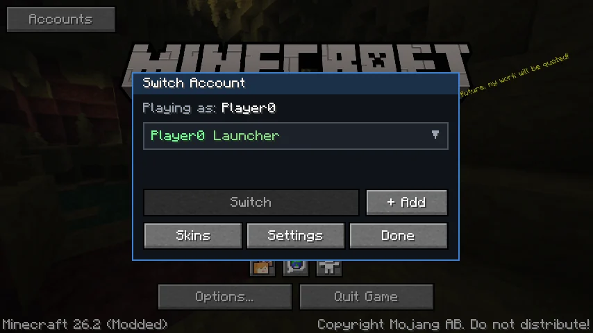 HotSwap's Switch Account panel over the Minecraft title screen