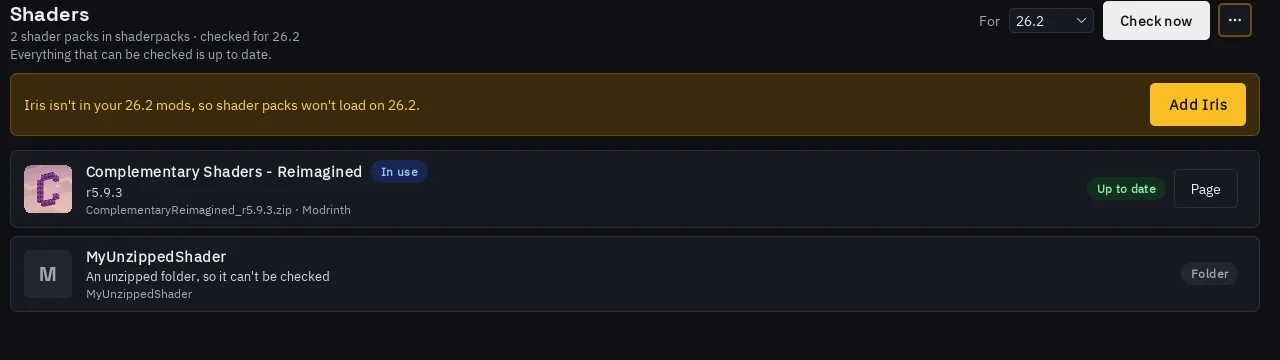 The Shaders tab showing a pack up to date and in use